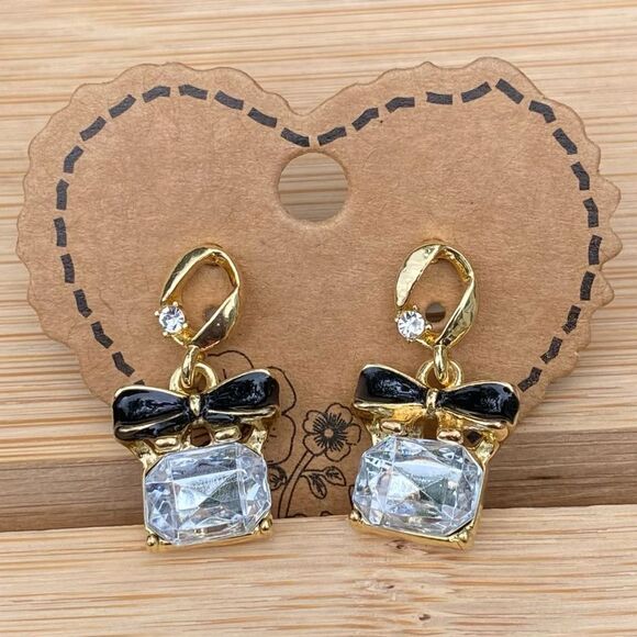 NWOT NEW Gold and Black Bow Crystal/Rhinestone Post Back Earrings - Picture 4 of 5